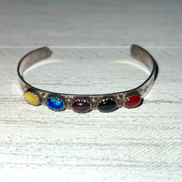 Herman Smith Jewelry - Native American Herman Smith Sterling Silver  Multi  Stone Cuff Bracelet